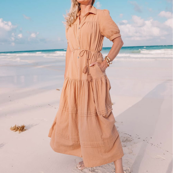 Cleobella Dresses & Skirts - Cleobella Maxi Dress Small Tan Button-Up Short Sleeve Shirtdress Revolve